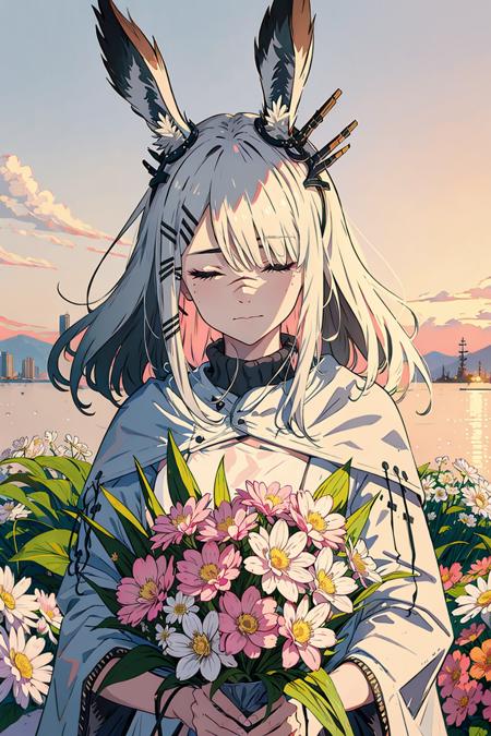 masterpiece, best quality,   <lora:frostnova:1>,
1girl, animal ears, flower, solo, hair ornament, long hair, bouquet, rabbit ears, closed eyes, animal ear fluff, grey hair, hairclip, holding bouquet, scar, closed mouth, scar on nose, white flower, grey background, hair over one eye, upper body, scar on face, bangs, pink flower, holding, facing viewer