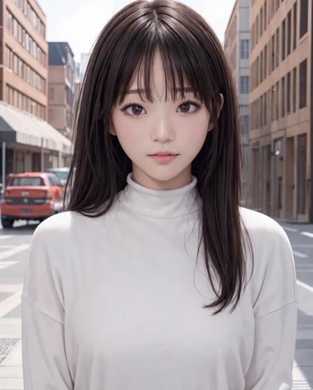 pureerosface_v1, best quality, photorealistic, 8k, high res, 1girl, woman, (skindentation), (portrait:0.6), ((cityscapebackground:1.6, smallsize round breast, highneck sweater:1.5)), straight-looking at viewer:1.8, (1girl eyes looking at viewer:1.45, medium-length hair, blackhair, partedbangs:1.45), photorealistic, (bokeh),   <lora:CBAV-saika:0.65>