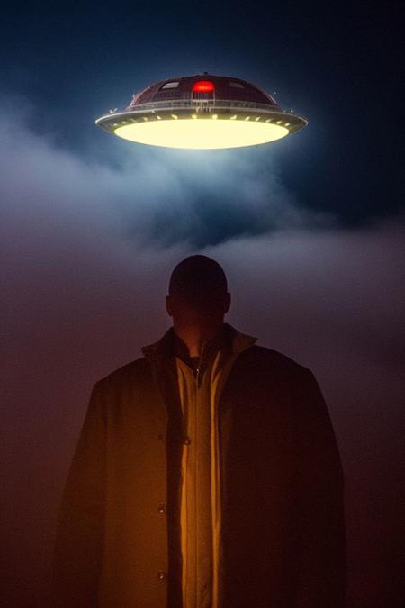 security footage frame,  fog, night, volumetric, industrial district, brutal UFO, closeup of man in trenchcoat