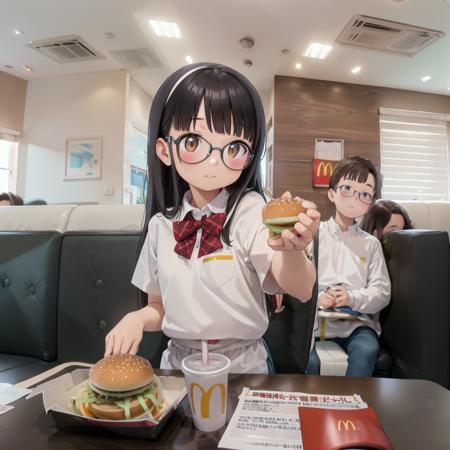 best quality, ultra-detailed, illustration,
makudo, indoors, scenery, poster (object), chair, ceiling light, window, ceiling, table, blinds, 
food, food focus, cup, burger, french fries, disposable cup, still life, cheese, drinking straw, bread, drink, tray, table, chair, 
1girl, glasses, black hair, long hair, brown eyes, school uniform, school bag, blush, looking at viewer, sitting,
<lora:McDonald_JP_indoors_SD15_V2:1>