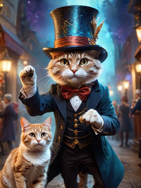 Ethereal fantasy concept art of a Mage pulling a Cat out of a tophat. magnificent, celestial, ethereal, painterly, epic, majestic, magical, fantasy art, cover art, dreamy, insanely detailed and intricate, hyper maximalist, elegant, hyper realistic, super detailed, vivid colours, ornate, dynamic, articulate, 8K, (Framed 3D), EPIC, high budget Hollywood movie, volumetric, Painstaking Attention To Detail, UHD