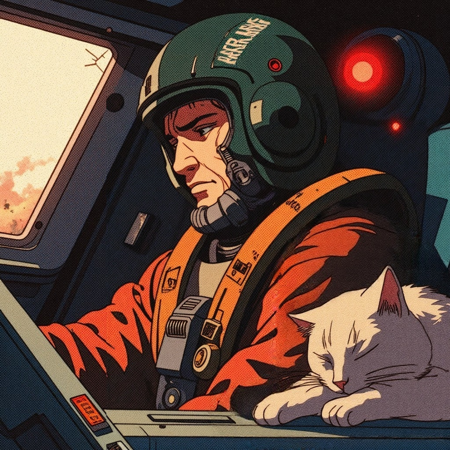 A retro anime-style illustration of a mecha pilot slumped in the cockpit of their giant robot after a long battle. The character’s helmet sits beside them, revealing a face covered in sweat and dirt. The cockpit is dimly lit with flickering red warning lights, and the cracked windshield reveals a smoking battlefield below. The mood is extremely dramatic and weary. A photo of a loved one is taped to the console, along with a half-eaten energy bar and a blinking fuel gauge on empty.