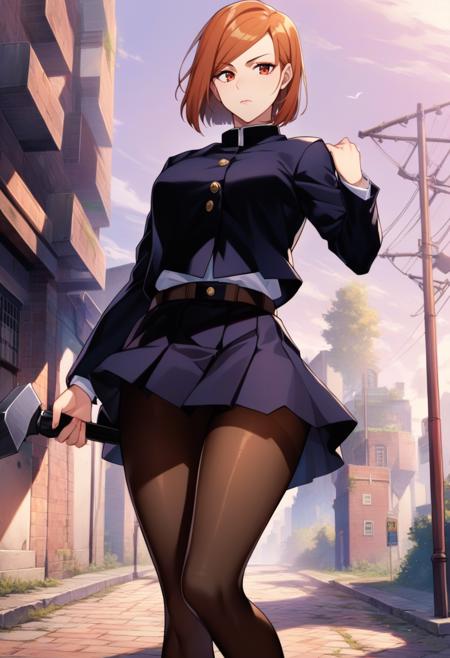 kugisaki nobara school uniform, black jacket, long sleeves, black skirt, pantyhose
