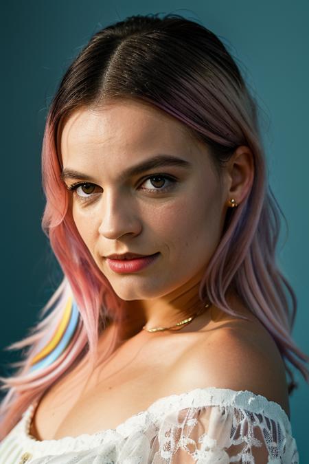 <lora:3mm4m4ck3y:1>, Realistic photo of a beautiful 3mm4m4ck3y woman, 1girl, solo, long hair, looking at viewer, blonde hair, brown eyes, jewelry, pink hair, multicolored hair, lips, blue background, ring, head rest, realistic, soft lighting, professional Photography, Photorealistic, detailed, RAW, analog, sharp focus, 8k, HD, DSLR, high quality, Fujifilm XT3, film grain, award winning, masterpiece