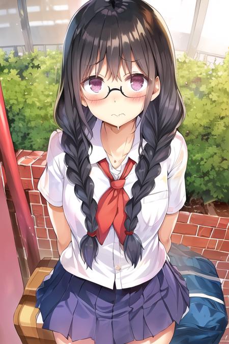 177013, 1girl, school uniform, portrait, black rimmed glasses, black hair, twin braids, sad, closed mouth, school in background