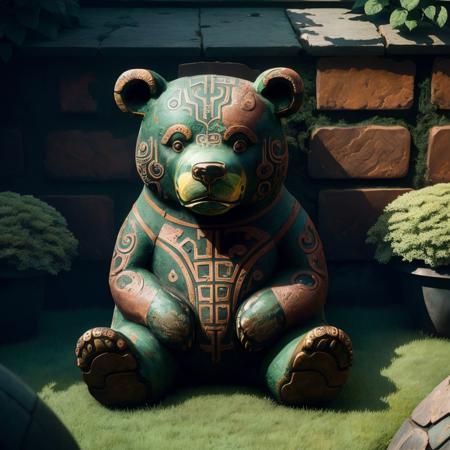 a (bronzecd) bear, sitting on lawn, (solo:1.2), <lora:bronzecd-000009:0.9>, no humans, high quality, masterpiece, realistic, photorealistic, (outdoors, lawn)