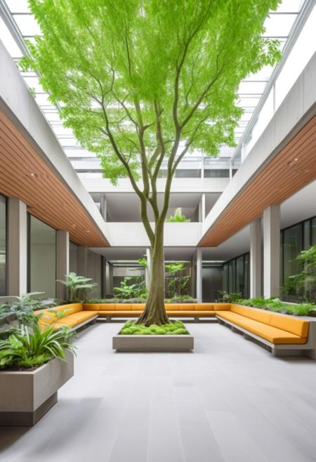 (expert craftsmanship:1.8), (high resolution photography:1.2), (expansive, massive, inspiring, awesome, brutalist green outdoor atrium:1.8), (realistic wood material:1.5), (large space, multipurpose space, cozy, tree, plants:1.9), (finely crafted parts:1.4), (comfortable seating, playful planters, warm, friendly:1.5), (whimsical:1.7), (solarpunk, brutalist, Bauhaus Design aesthetic:1.7)