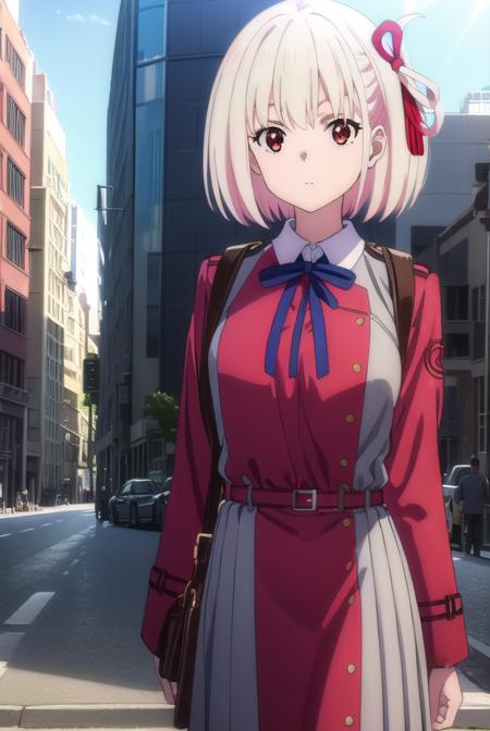 chisatonishikigi, <lora:chisatonishikigis1-lora-nochekaiser:1>, 
chisato nishikigi, short hair, bangs, blonde hair, (red eyes:1.5), hair ribbon, one side up, bob cut,
BREAK shirt, long sleeves, dress, ribbon, white shirt, collared shirt, belt, neck ribbon, red dress, blue ribbon, pleated dress, grey dress, two-tone dress, red belt, lycoris uniform,
BREAK outdoors, city,
BREAK looking at viewer, (cowboy shot:1.5),
BREAK <lyco:GoodHands-beta2:1>, (masterpiece:1.2), best quality, high resolution, unity 8k wallpaper, (illustration:0.8), (beautiful detailed eyes:1.6), extremely detailed face, perfect lighting, extremely detailed CG, (perfect hands, perfect anatomy),