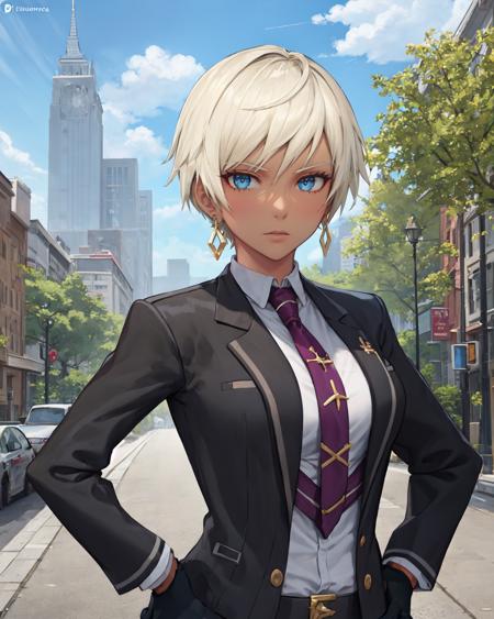 best quality, (masterpiece:1.2), illustration, absurdres,  
(1girl, solo, beautiful detailed girl), (upper body, portrait),
<lora:Naje-08:0.9>, Naje Berca, blonde hair, short hair, blue eyes, medium breasts,  
black suit, black gloves, purple neckwear, jewelry, earrings,
stoic, calm,  looking at viewer,
park, city, tall buildings, street, tree, sky, clouds, day,
hands on hips,