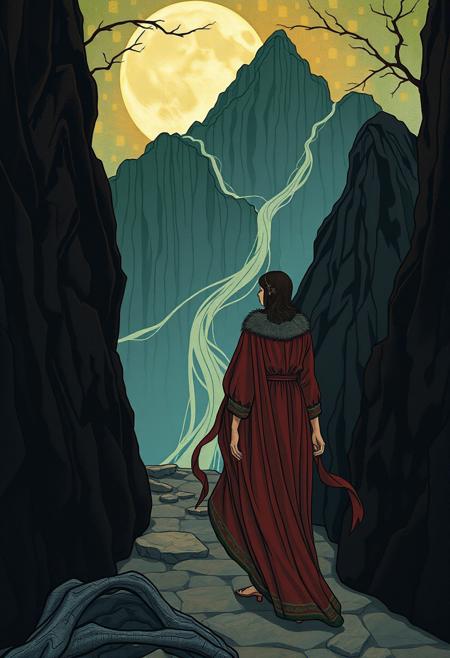 solitary journey to an unknown destination, cloisonnism meets romantic fantasy illustration, bold contour lines with soft decorative flourishes, stylized figures, art nouveau influence, rich color blocking, illuminated backgrounds, medieval and mythological themes, graceful poses, painterly textures with graphic outlines, dreamlike elegance, ornate costume design, moody atmosphere, poetic symbolism, classic illustration aesthetics, narrative scenes with fantasy detail, dramatic lighting, literary visual storytelling