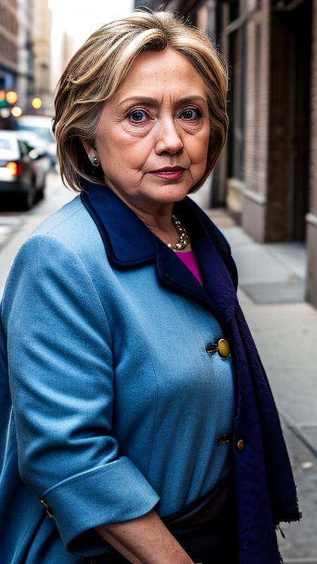 Hillary Clinton, European old woman as a very poor woman, beggar, ragged clothes, begging in New York, walking in a very dirty street, dirty city, crying in pain, whole body, full body in frame, detailed background, highly detailed face, extremely detailed, high quality, best quality, looking at viewer