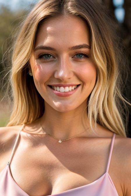 mix4, instagram photo, blonde hair, blue eyes, closeup, 18 years old, pink dress, spaghetti straps, cleavage, smile, hard shadows