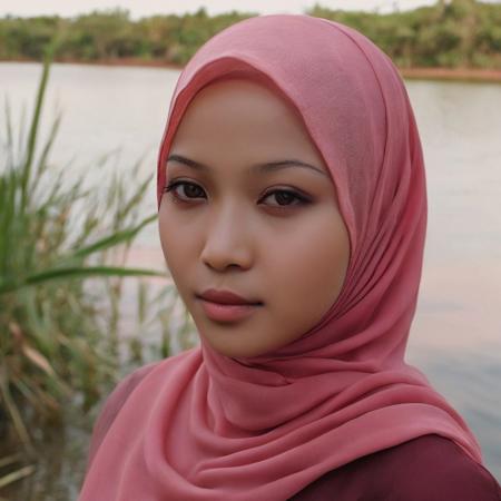 A photo-realistic image,  1girl, malay, pink hijab,red blouse,  lake background, highly detailed, natural skin complexion, textured skin, natural light, black inner cap, dark brown eyes