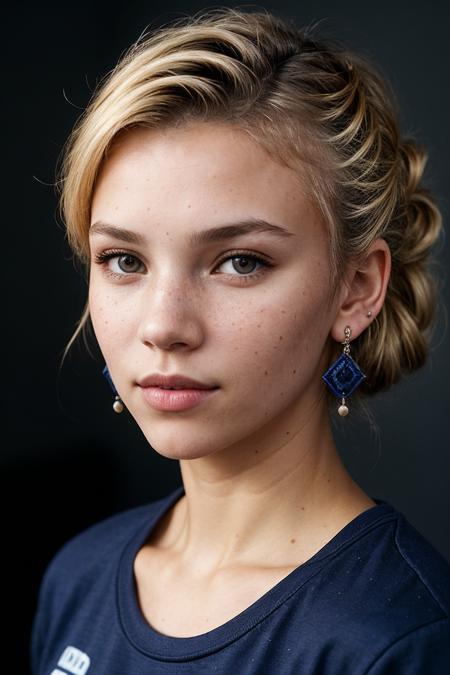 photo of (ryamp0lsky-135:0.99), closeup portrait, perfect blonde hair, hair upsweep updo, portrait, (modern photo, Cobalt Blue graphic tee), 24mm, (analog, cinematic, film grain:1.3), (plain Mulberry background, gradient:1.1), ((detailed eyes)), (seductive pose), (epicPhoto), earrings