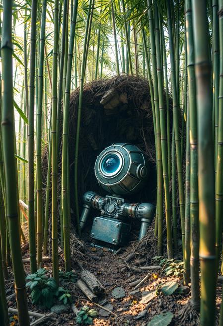 A serene bamboo grove hiding the remains of a half-buried android, its eye faintly glowing, surrealism, symbolic transformation, retro-futurism, conceptual dreamscapes, psychedelic color palette, visual metaphor, uncanny objects, architectural fantasy, cosmic surrealism, intricate detailing, subconscious themes, otherworldly flora, poetic absurdity, luminous textures, surreal structures, metamorphic landscapes, abstract storytelling, psychological symbolism, tactile materials, mystical science fiction