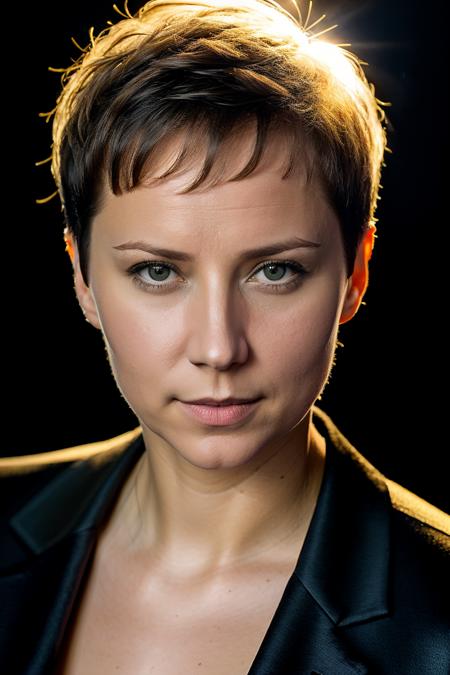 garinagrankova, woman, very short hair, portrait, black business jacket, black background, hard light, formal,
highly detailed, realistic,
 <lora:MarinaGrankovaSD:0.8>