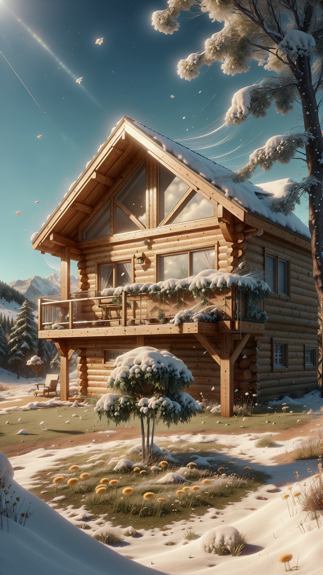 <lora:ElementWind:1.0> ElementWind 3D rendered, highly detailed, vibrant, colorful, sunny day, blue sky, green grass, puzzle pieces scattered, dandelions in the wind, floating, blowing in the breeze, whimsical, magical, peaceful, calming, tranquil, nature, outdoors, close-up, mid-shot, isometric view, dynamic shadow, depth of field, cinematic lighting, soft, smooth, clean, crisp, high definition,cozy cabin nestled in a snowy mountain, (Masterpiece:1.3) (best quality:1.2) (high quality:1.1)