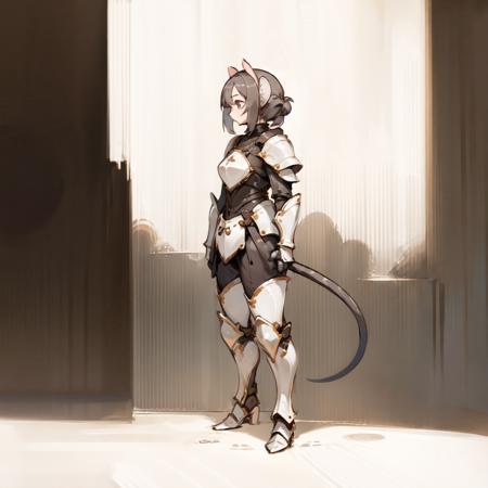 (1girl:1.5), solo, ratkin, ratkin_ears, ratkin_tail, ratkin_hairstyle, black hair, standing, mature, armored, <lora:ratkin_v1.1:1>