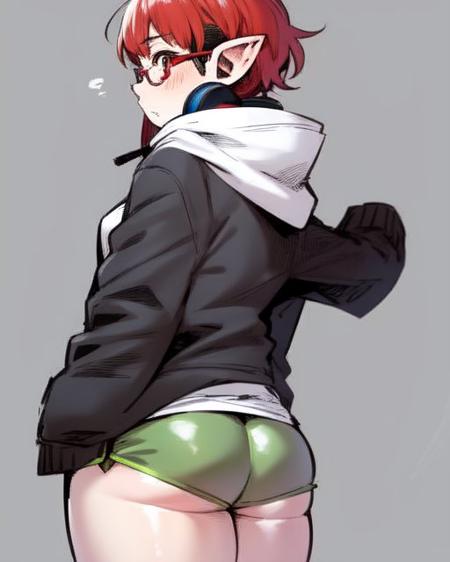 <lora:Synedoche:1.2>
1girl, solo, short red hair, headphones, pointy ears, jacket, hoodie, short shorts, glasses, looking back, plump, curvy