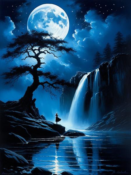 <lora:09WatercolorPainting_Hap_XL:1.5>,Winslow Homer style, watercolor painting, watercolor, Art by  Brooke Shaden Under the eerie glow of a full moon, a dark and ominous landscape unfolds. A vibrant, colorful tree stands by the edge of a serene lake, its vivid hues contrasting starkly with the foreboding atmosphere. In the background, a waterfall cascades down jagged rocks, the water glistening in the moonlight. Thick, swirling clouds loom overhead, adding to the sense of an evil presence. The moonlight filters through the clouds, casting an otherworldly glow over the scene. A falling star streaks across the sky, adding a touch of mysticism to the night. The air is thick with a sense of ancient secrets and dark magic, as if the very night is alive with hidden power. [romantic impressionism,dream scenery art,beautiful oil matte painting,romantic,style of thomas kinkade,beautiful digital painting,anime landscape,romantic painting,dreamlike digital painting,colorful painting,beautiful gorgeous digital art,style of greg rutkowski,janek sedlar,jenny saville:0] ,