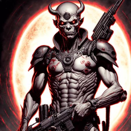 photo, drawing of a demonic looking man holding a gun (MartianWarlord style:1) <lora:djzMartianWarlordV21:0.8>