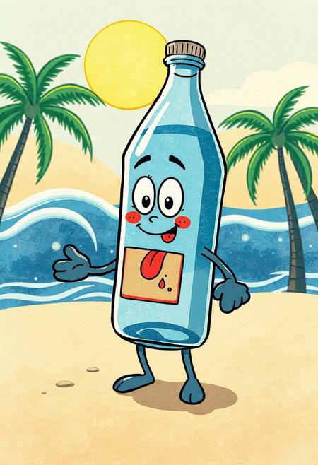 A vintage cartoon-style water bottle character, half-empty, standing on a sandy beach under a blazing sun. The bottle has simple anthropomorphic features: big expressive eyes, a cartoon mouth with its tongue sticking out from the heat, and skinny rubber hose limbs (just black lines with simple mitten-like hands and oval feet). It looks exhausted and slightly melting, droplets of condensation dripping from the glass. Background shows stylized waves and palm trees in 1930s animation style. The whole scene has a grainy, hand-drawn look, with watercolor textures and muted vintage colors. The character’s label is faded and wavy, adding to the retro charm. Include film grain and flicker effects to mimic an old cartoon reel.