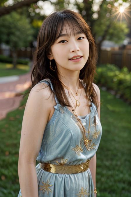 masterpiece, <lora:Sayash1.Riho:0.85>, (highly detailed skin), (golden hour),outside, gorgeous, (realistic face), necklace, (blue dress:1.1), slight smile, artistic,sunrise