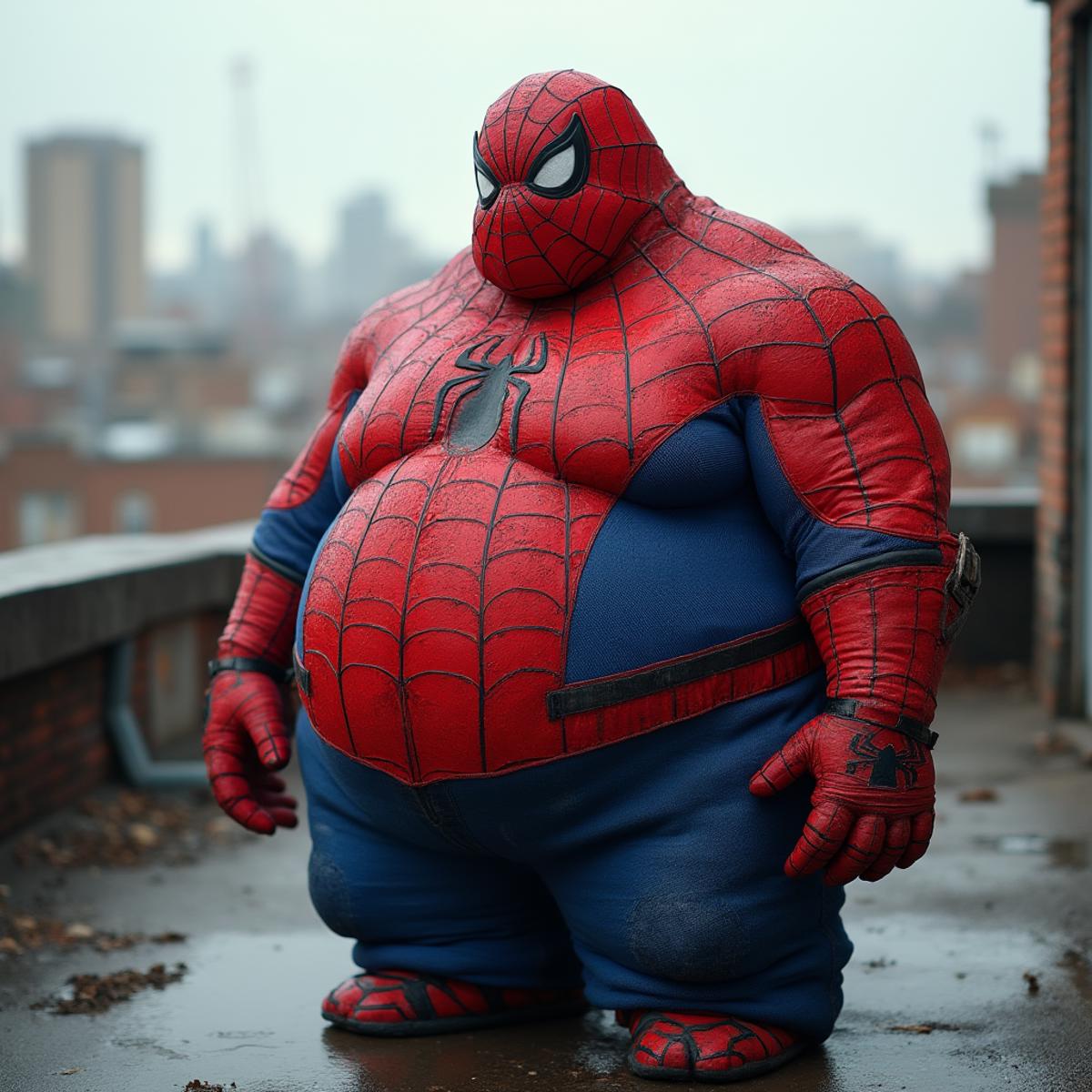 A realistic scene of Spider-Man as a very overweight character, maintaining his iconic costume but with a notably larger physique. The setting includes a typical urban environment, such as a city street or rooftop. Captured in a realistic photographic style, 50mm lens, high resolution, natural lighting.
