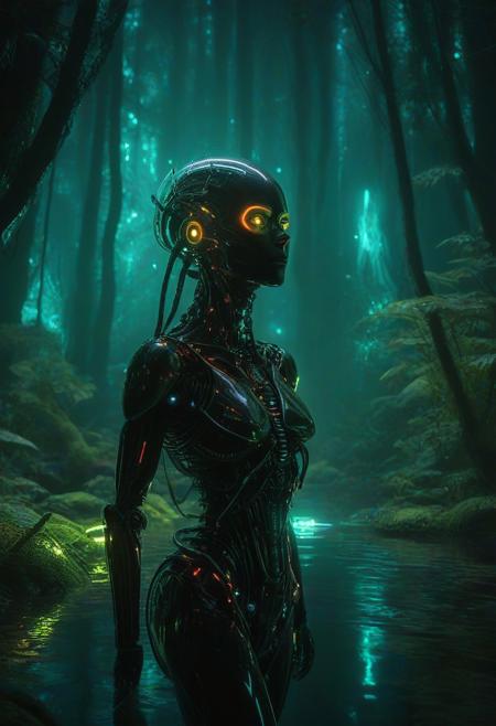 Ultrarealistic. sharp focus, dynamic lighting. play of light, reflection, refraction, Raytracing, Ultra detailed. Alien themed. Alien scenery. alien scenery background. alienworld. A gorgeous female robot in an alien forest. surrounded by ice.enchanting, cosmic, celestial, ethereal, vibrant flora, magical, luminous, serene, dreamy, radiant, bioluminescent, intricate details, surreal, enchanted forest
