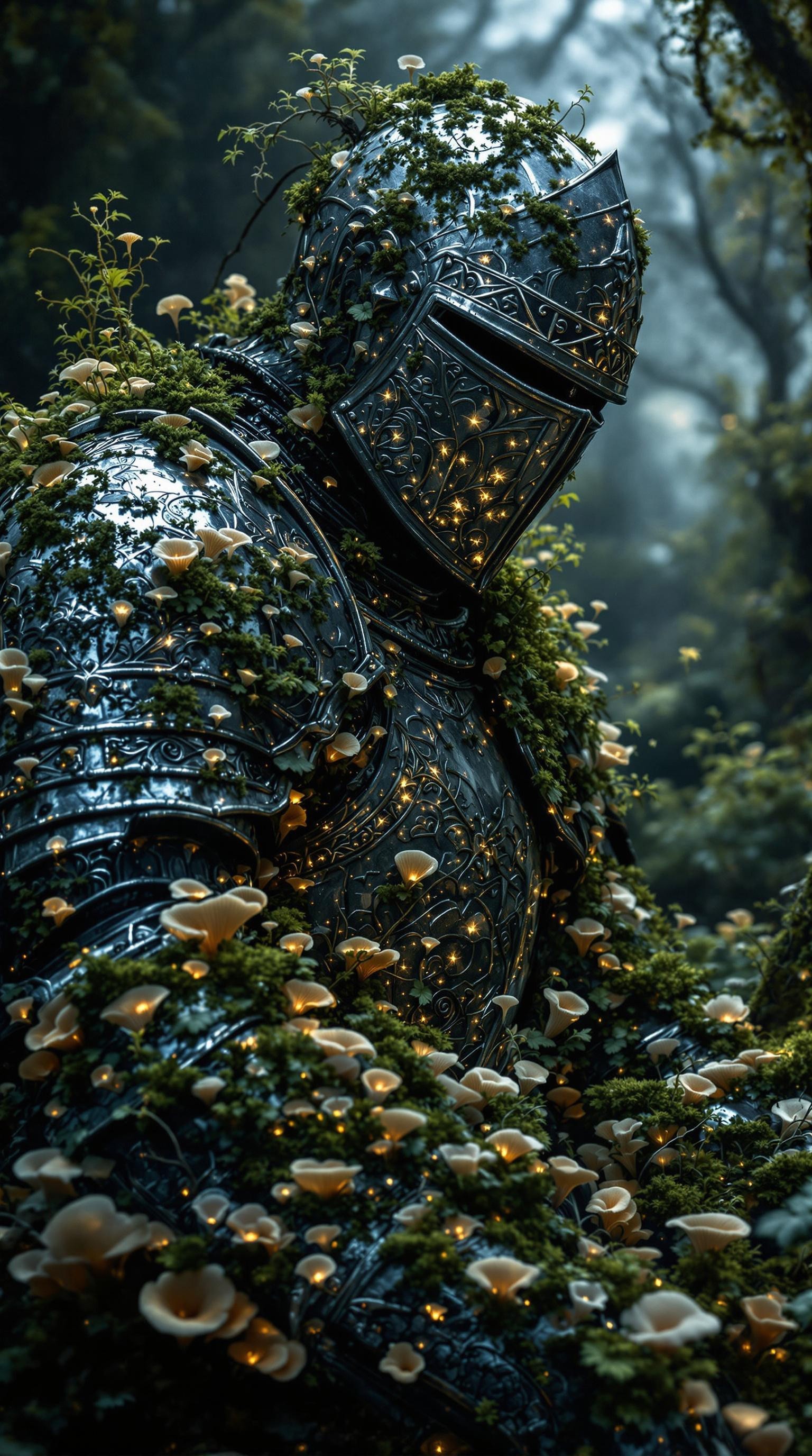 A suit of medieval armor completely overgrown with moss, mushrooms, and forest vegetation. The armor features ornate engravings and decorative patterns on the helmet, breastplate, and arm pieces. Small white and beige mushrooms are growing extensively across the armor's surface, along with thick green moss coverage. Golden sparkles or light particles are scattered throughout the vegetation and armor. Small glowing points of light are mingled within the moss and mushroom growth, creating a luminescent effect across the organic matter covering the metal surfaces.