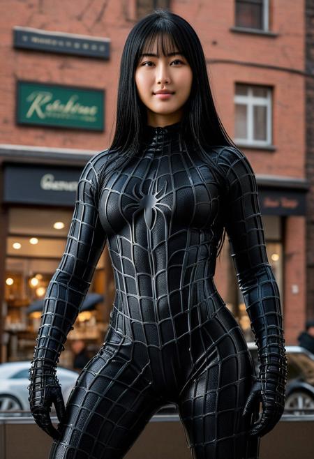 score_9, score_8_up, score_7_up, best quality, realistic, masterpiece, beautiful detail, hyperrealistic, cafe, ((1girl, woman body, huge breasts)), amazing detailed full body portrait of a beautiful japanese girl, wearing a realistic and highly detailed black raimi spider-man suit, ((huge muscular girl)), professional model wears ultra - detailed and grained black raimi spider - man suit, suit covered entire body and hand, black spiderman gloves, wet, ((standing, full body shot, pose variation:1.5, alternate pose:1.5, selfie)), (((depth of field))), sweet smile, black hair, octane render, highly detailed, volumetric, dramatic lighting, (highest quality:1.1), (HDR:1.3), (top quality, best quality), realistic, high definition, Expressionism - sharp focus, professional photography, masterpiece, ultra detailed photograph, high quality, 8k,