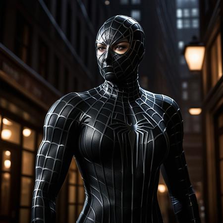 score_9, score_8_up, score_7_up, best quality, realistic, masterpiece, beautiful detail, hyperrealistic, night, ((1girl, woman body, large breast)), amazing detailed full body of a cute korean girl, wearing a realistic and highly detailed black raimi spider-man suit, ((defined muscular girl)), professional model wears ultra - detailed black raimi spider - man suit, ultra - detailed and grained black raimi spiderman suit, suit covered entire body and hand, black spiderman gloves, wet, ((black spiderman mask)), close up, octane render, highly detailed, volumetric, dramatic lighting, (highest quality:1.1), (HDR:1.3), (top quality, best quality), realistic, high definition, sharp contrast between light and shadow, athletic and fit physique, highly detailed and accurate portrayal, photorealistic rendering, tense and alert atmosphere cinematic scene, cinematic lighting, lifelike expression, accurate character design, interesting and complex background details,
