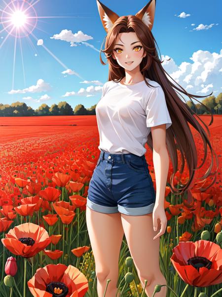 woman standing in a poppy field, blue sky, yellow eyes, brown hair, brown fox ears, white tshirt, medium breasts, shorts, knees, parted lips, light smile