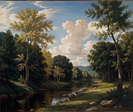 a painting of a forest by Crvgg, river, tree, outdoors, <lora:caravaggio_resize:0.7>