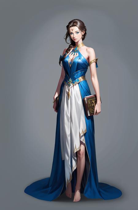 Game characters, original design, European style, 1girl, solo, long hair, barefoot, brown hair, full body, grey background, jewelry, book, dress, bare shoulders, simple background, braid, blue eyes, looking at viewer, standing<lora:CG Game xieshi:1>,