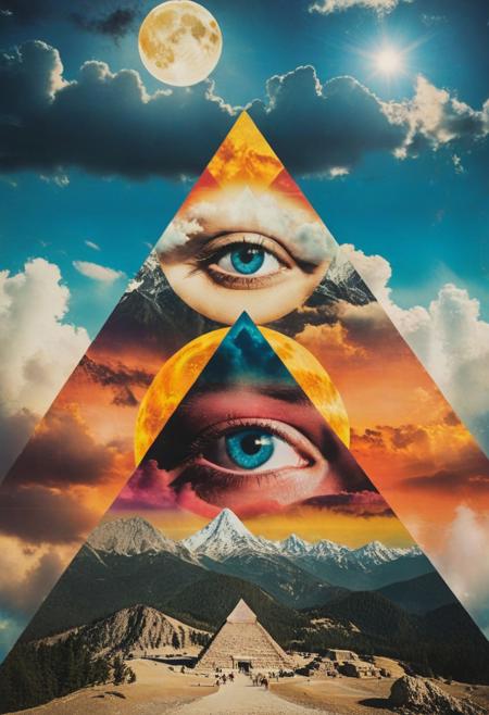 mountain, surreal,  double exposure, dark and moody ,colored all seeing eye pyramid made of ff-collage, film grain, high quality, dramatic ,poster, faint face, horror story style, sun and moon behind clouds, chromatic aberration