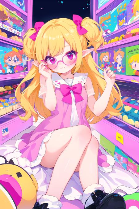 1 girl,blond hair,full bangs,long curly hair,wearing pink big bow,pink round glasses,:3,black eyes,pink dress,pink shoes,elf,
<lora:Muse_DashV4-000390:1>,