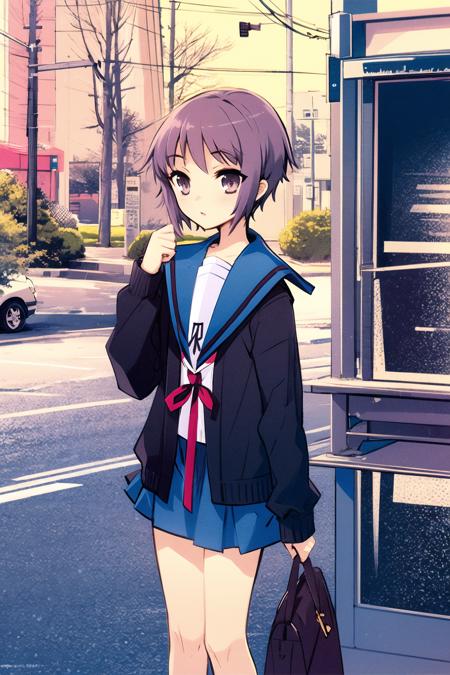 1girl, nagato yuki, kita high school uniform, solo, blue sailor collar, winter uniform, school uniform, sailor collar,  blue skirt, skirt, short hair, serafuku,  cardigan,bangs,  purple hair, <lora:Itou Noizi:0.9>