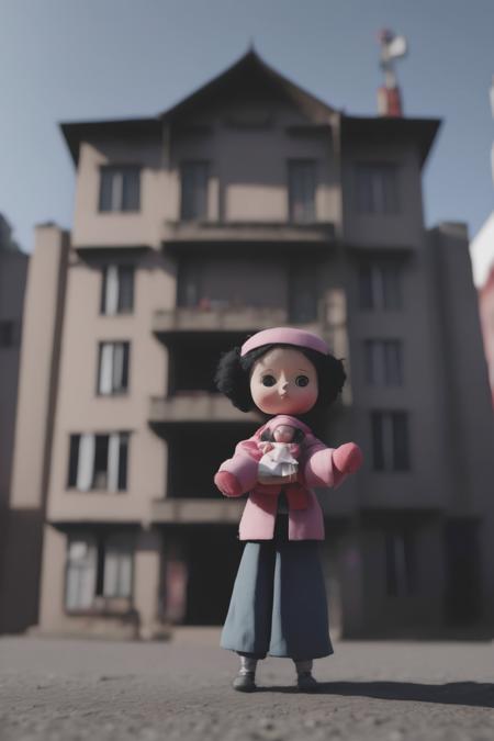 <lora:Moving Meditations:1>Moving Meditations - a person holding a doll in front of a building