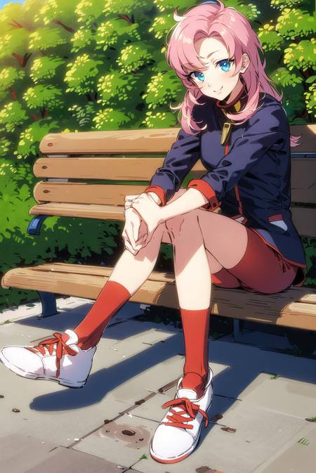 ((masterpiece,best quality, detailed)), outdoors, building, bench, hedge, sitting, looking at viewer, smile,
 <lora:TenjouUtenaV1-000003:0.75>, tenjou utena, black jacket, red shorts, red socks, shoes