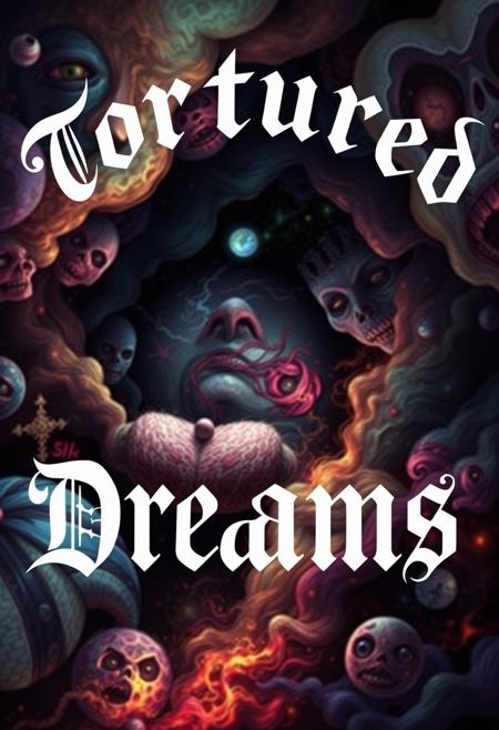 A vivid digital art piece depicting the dreams of a schizophrenic, written above the main focus of the image in fancy script lettering are the words "Tortured Dreams"