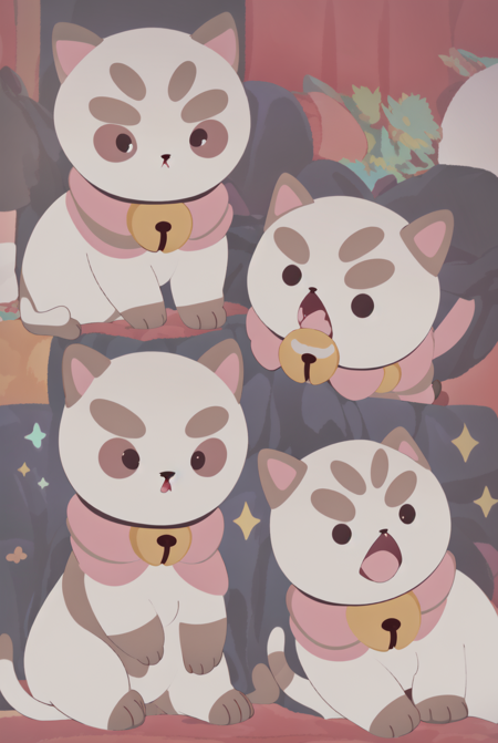 Puppycat,masterpiece, cat, no humans, animal focus, bell, animal, simple background, fangs, neck bell, open mouth, white background, yawning,yelling, flat colors, jingle bell, collar, chibi <lora:Puppycat-10:1>