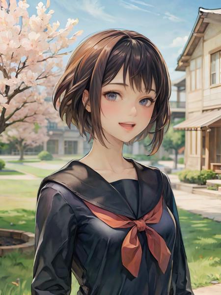 detailed manga illustration,(masterpiece),(best quality),Amazing,beautiful detailed,extremely detailed wallpaper,extremely detailed CG unity 8k wallpaper,an extremely delicate and beautiful,perfect face, sidelighting, lustrous skin, (shine), lighting, depth of field, perspective,
1 girl, :d, black_hair, school uniform, sailor uniform, cherry blossom tree, looking_at_viewer, short_hair, solo, upper_body,
detailed background,