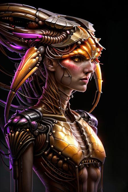 portrait of golden crab female person (long neck, slender arms)) massive diadem, bio armor, (luminescen purple glowing) floating particles, insect textures, scifi