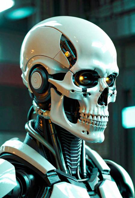 Cyberpunk, sci-fi, dark-fantasy, kodak portrait 400, 8k, soft light, volumetric lighting, highly detailed, britt marling style 3/4, portrait photo of a war man cyborg robot in a chemical laboratory + face, face is skullbone with scares, intricate, elegant, highly detailed, devil-armor, 2D motifs detailed dark fantasy digital painting, artstation, concept art, smooth, sharp focus, illustration, art by Otomo Katsuhiro and Shir Masamune and Oshii Mamoru. Cosmic light in backfront