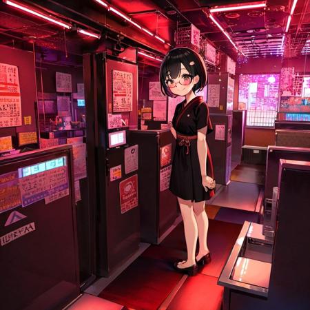 best quality, ultra-detailed, illustration,
pinsalo, scenery, red theme, sign, neon lights, indoors, 
1girl, japanese girl,  cute, (shy smile), glasses, black dress, short hair, black hair, looking at viewer, full body,
<lora:pinsalo_SDXL_V1:1>