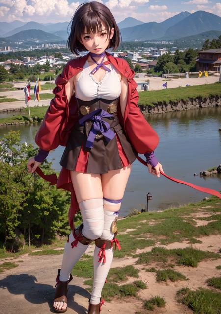 mumei_\(kabaneri\)，(8k, RAW photo, best quality, masterpiece:1.2), (realistic, photo-realistic:1.37),best quality,(photorealistic:1.4)best quality, beautiful lighting，1girl,looking_at_viewe，bandages,  (bandaged_leg), short_hair, breasts, ribbon_choker, solo, choker, brown_eyes, brown_hair, bandaged_leg,japanese_clothes,(fingerless_gloves),red_eyes, corset, purple_ribbon,blue_bow,(leg_wrap), howlbgs, mountains, clouds，(face),sash

