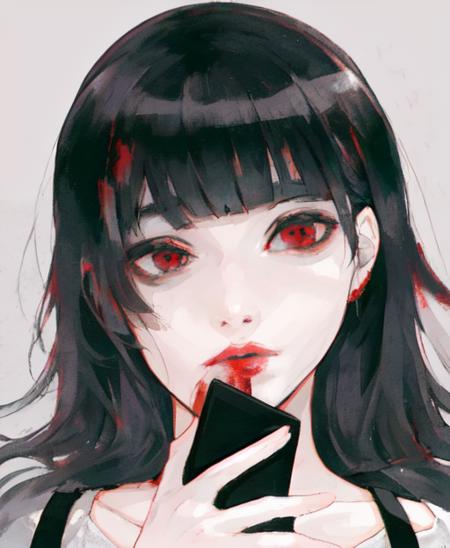 portrait, (abstract background), 1girl, in the style of, blunt bangs, black hair, red eyes, short hair, blood, fine face,  <lora:sui_ishida-v2:0.6>