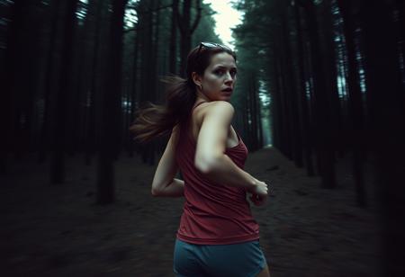 a photograph, found footage style, subject is a woman wearing running clothes running through a dark forest, looking back over her shoulder with a panicked and fearful expression, motion blur focus on a subject, side close up view, 1/25 s, f/2.8, 6400 ISO, 35mm film