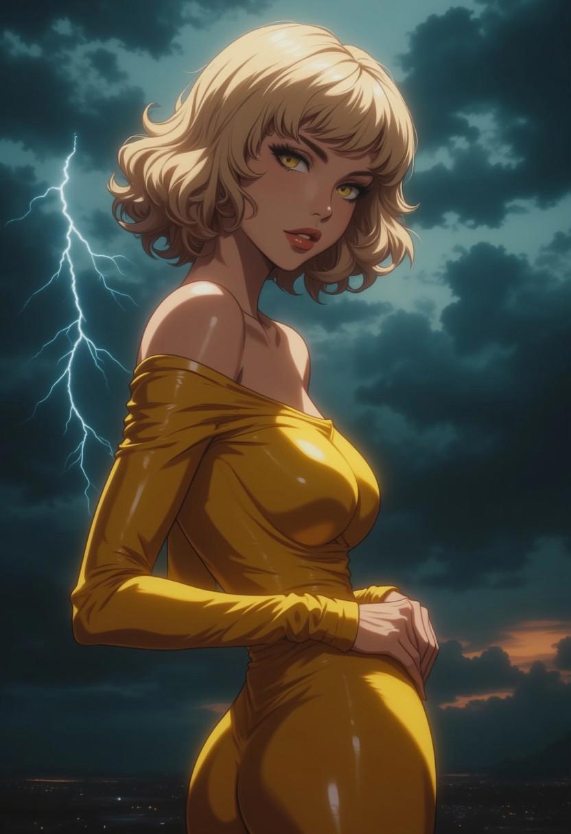 (8k resolution, score_9, score_8_up, score_7_up, absolute masterpiece, best quality, ultra detailed), upper body portrait of a seductive blonde woman with short wavy hair. (yellow eyes:1.3), standing with her shoulders pushed back, arching her back to emphasize her petite perky chest, arms down with her hands resting on her slim waist. Large hips. She wears a tight, glossy yellow outfit with exposed shoulders and a low neckline, revealing her petite and perky breasts. Behind her, a stormy sky rumbles with dark clouds and flashes of lightning, casting dramatic lighting that highlights the shine of her outfit. Her expression is alluring, her posture exuding confidence, as the energy of the storm crackles around her.